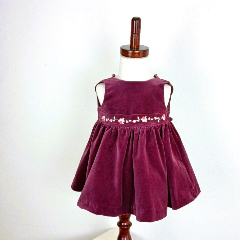 Gymboree Burgundy Velour Dress Size 3-6 M Embroidered Floral Waist Trim Lined